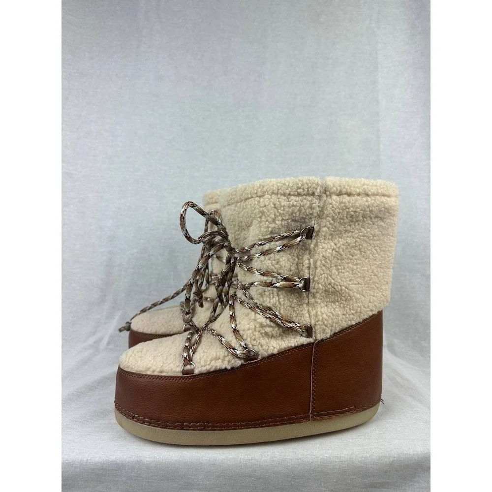 Universal Thread Womens Faux‎ Shearling Moon Boots Brown Cream Lace Up Size 8